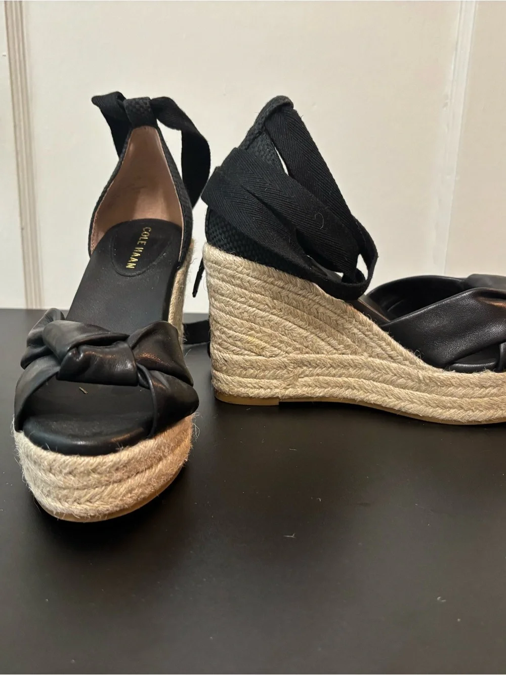 Cole Haan Black Leather Espadrille Wedge Sandals with Ankle Wrap — Worn One Time